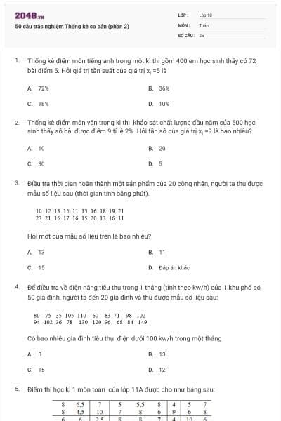 50 câu trắc nghiệm Thống kê cơ bản (phần 2)