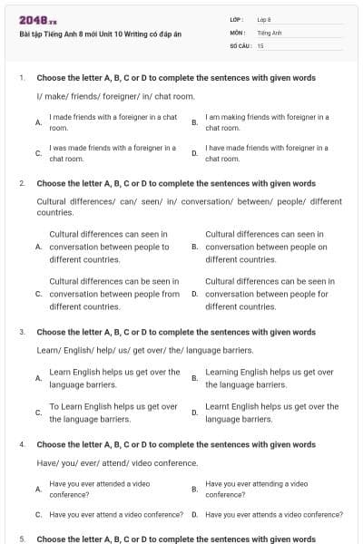 Bài tập Tiếng Anh 8 mới Unit 10 Writing có đáp án
