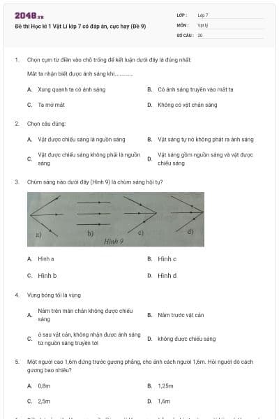 Đề thi Học kì 1 Vật Lí lớp 7 có đáp án, cực hay (Đề 9)