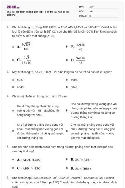 260 Bài tập Hình không gian lớp 11 ôn thi Đại học có lời giải (P3)
