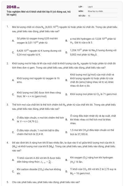 Trắc nghiệm Mol và tỉ khối chất khí lớp 8 (có đúng sai, trả lời ngắn)