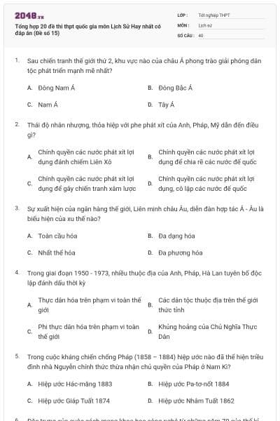 Tổng hợp 20 đề thi thpt quốc gia môn Lịch Sử Hay nhất có đáp án (Đề số 15)