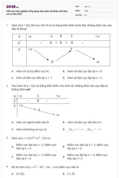 250 câu trắc nghiệm Ứng dụng đạo hàm để khảo sát hàm số cơ bản (P6)