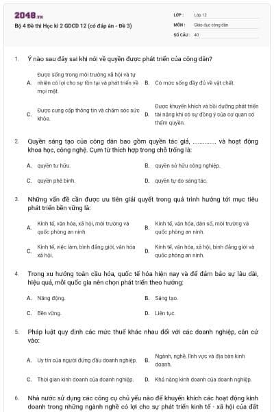 Bộ 4 Đề thi Học kì 2 GDCD 12 (có đáp án - Đề 3)