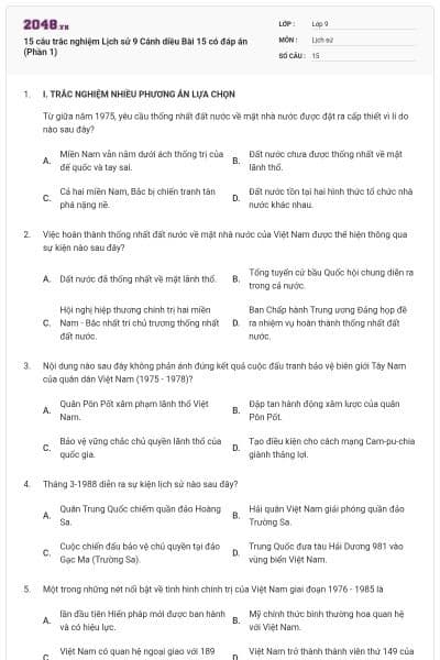 15 câu trắc nghiệm Lịch sử 9 Cánh diều Bài 15 có đáp án (Phần 1)