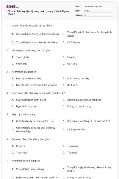 100+ câu Trắc nghiệm Kỹ năng quản lý xung đột có đáp án - Phần 1