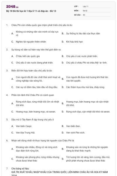 Bộ 18 Đề thi học kì 1 Địa lí 11 có đáp án - Đề 13