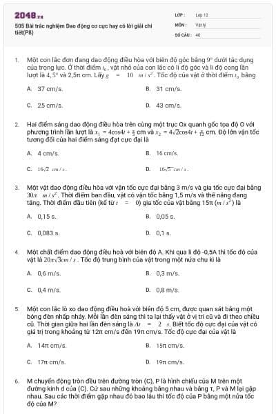 505 Bài trắc nghiệm Dao động cơ cực hay có lời giải chi tiết(P8)