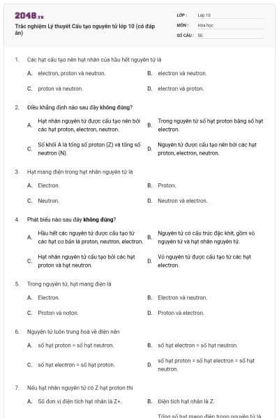 Trắc nghiệm Lý thuyết Cấu tạo nguyên tử lớp 10 (có đáp án)