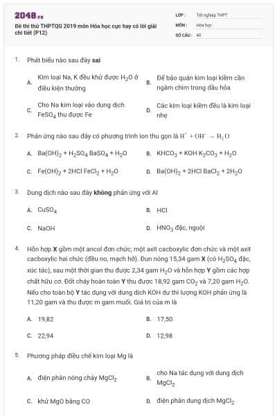 Đề thi thử THPTQG 2019 môn Hóa học cực hay có lời giải chi tiết (P12)