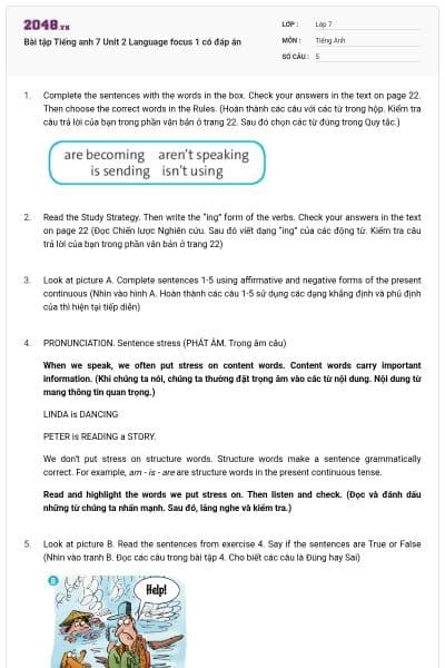 Bài tập Tiếng anh 7 Unit 2 Language focus 1 có đáp án