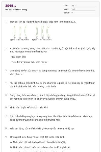 Bài 29: Thấu kính mỏng