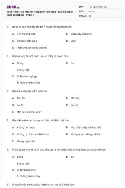 1000+ câu Trắc nghiệm Nhập môn lâm sàng Phục hồi chức năng có đáp án - Phần 1