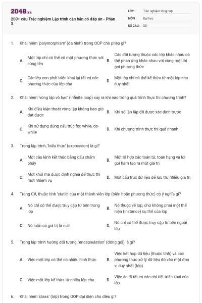 200+ câu Trắc nghiệm Lập trình căn bản có đáp án - Phần 3
