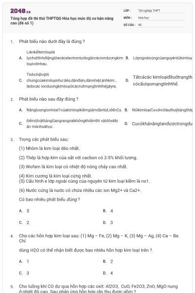 Tổng hợp đề thi thử THPTQG Hóa học mức độ cơ bản nâng cao (đề số 1)