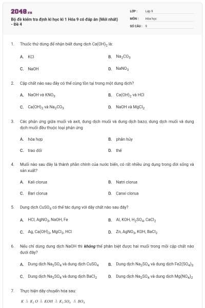 Bộ đề kiểm tra định kì học kì 1 Hóa 9 có đáp án (Mới nhất) - Đề 4