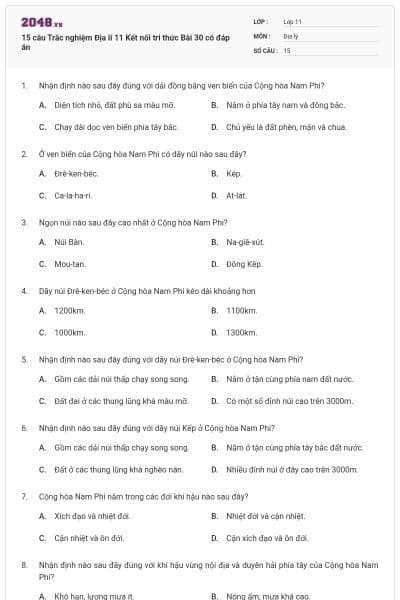15 câu Trắc nghiệm Địa lí 11 Kết nối tri thức Bài 30 có đáp án