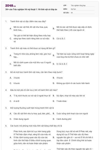 30+ câu Trắc nghiệm Vẽ mỹ thuật 1: Vẽ tĩnh vật có đáp án