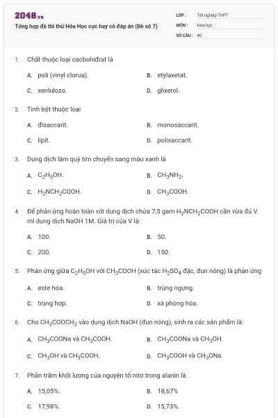 Tổng hợp đề thi thử Hóa Học cực hay có đáp án (Đề số 7)