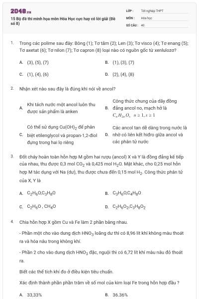 15 Bộ đề thi minh họa môn Hóa Học cực hay có lời giải (Đề số 8)