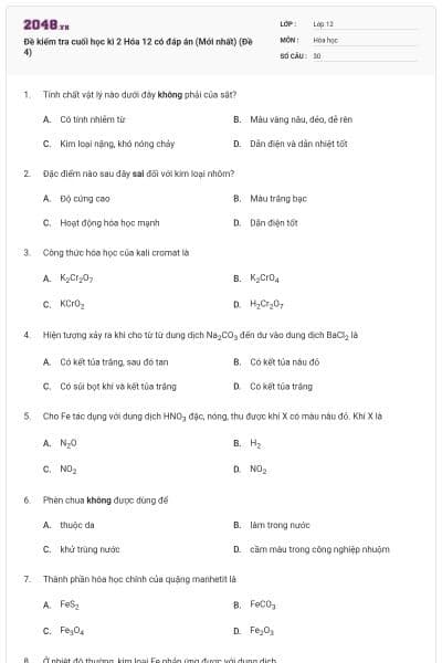 Đề kiểm tra cuối học kì 2 Hóa 12 có đáp án (Mới nhất) (Đề 4)