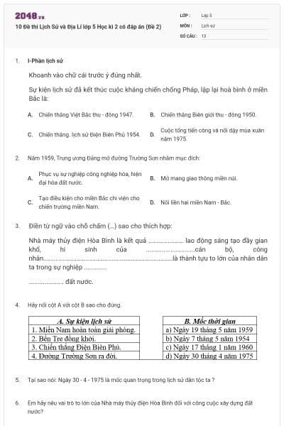 10 Đề thi Lịch Sử và Địa Lí lớp 5 Học kì 2 có đáp án (Đề 2)
