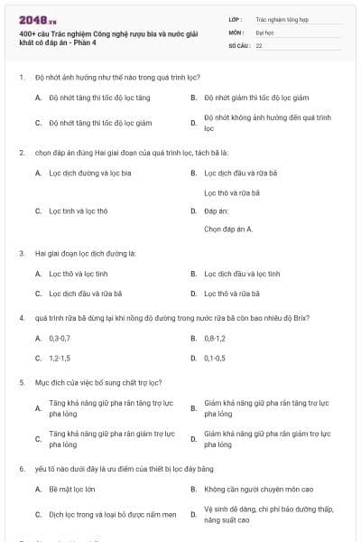 400+ câu Trắc nghiệm Công nghệ rượu bia và nước giải khát có đáp án - Phần 4
