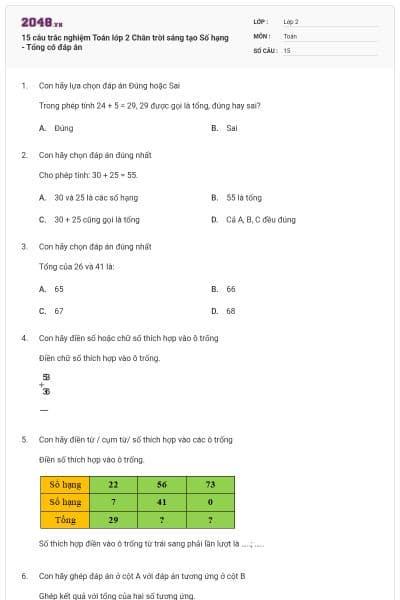 15 câu trắc nghiệm Toán lớp 2 Chân trời sáng tạo Số hạng - Tổng có đáp án