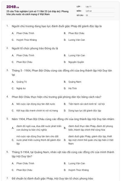 25 câu Trắc nghiệm Lịch sử 11 Bài 23 (có đáp án): Phong trào yêu nước và cách mạng ở Việt Nam