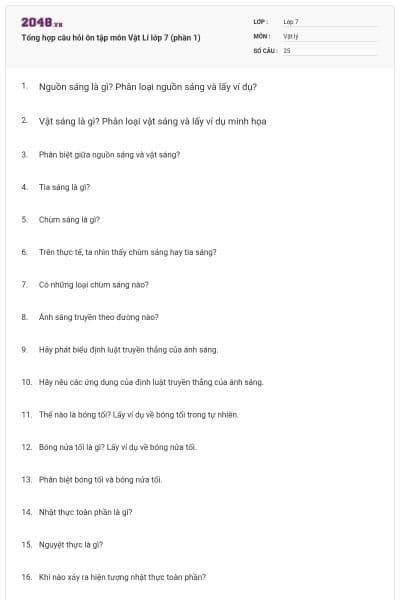 Tổng hợp câu hỏi ôn tập môn Vật Lí lớp 7 (phần 1)