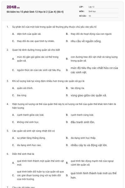 Đề kiểm tra 15 phút Sinh 12 Học kì 2 (Lần 4) (Đề 4)