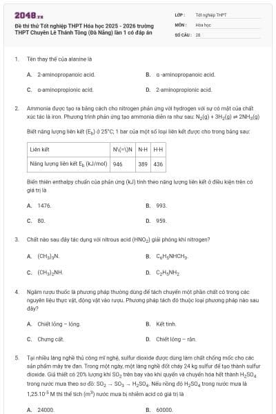 Đề thi thử Tốt nghiệp THPT Hóa học 2025 - 2026 trường THPT Chuyên Lê Thánh Tông (Đà Nẵng) lần 1 có đáp án