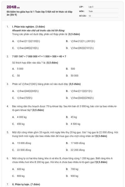 Đề kiểm tra giữa học kì 1 Toán lớp 5 Kết nối tri thức có đáp án (Đề 9)