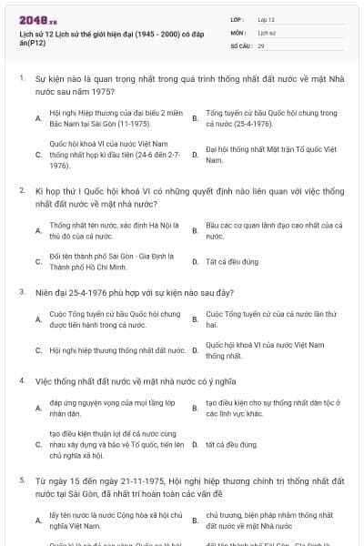 Lịch sử 12 Lịch sử thế giới hiện đại (1945 - 2000) có đáp án(P12)