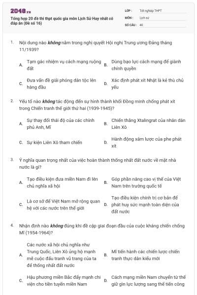 Tổng hợp 20 đề thi thpt quốc gia môn Lịch Sử Hay nhất có đáp án (Đề số 16)