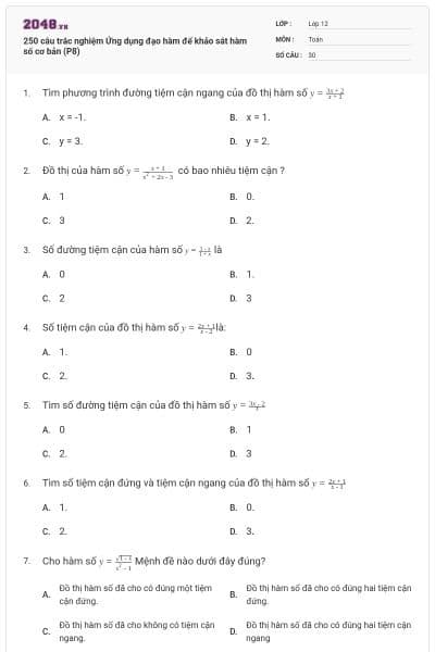 250 câu trắc nghiệm Ứng dụng đạo hàm để khảo sát hàm số cơ bản (P8)