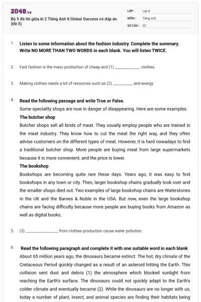 Bộ 5 đề thi giữa kì 2 Tiếng Anh 8 Global Success có đáp án (Đề 5)