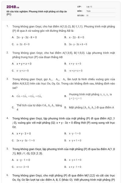 66 câu trắc nghiệm: Phương trình mặt phẳng có đáp án (P1)