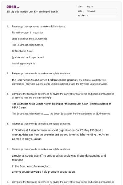 Bài tập trác nghiệm Unit 13 - Writing có đáp án