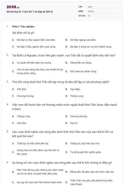 Đề thi Học kì 1 Lịch Sử 7 có đáp án (Đề 4)