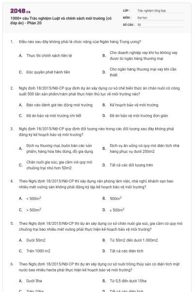 1000+ câu Trắc nghiệm Luật và chính sách môi trường (có đáp án) - Phần 20