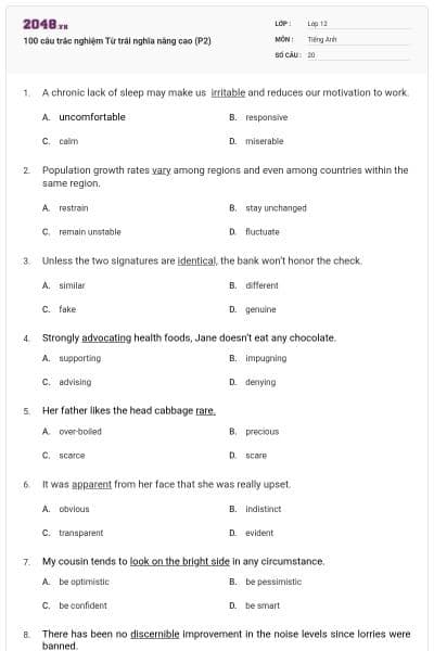 100 câu trắc nghiệm Từ trái nghĩa nâng cao (P2)
