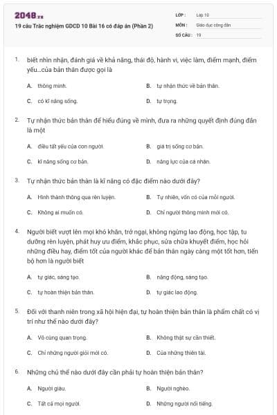 19 câu Trắc nghiệm GDCD 10 Bài 16 có đáp án (Phần 2)