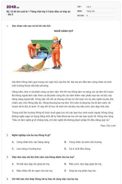 Bộ 10 đề thi cuối kì 1 Tiếng Việt lớp 5 Cánh diều có đáp án - Đề 5