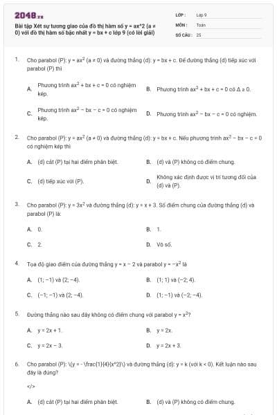 Bài tập Xét sự tương giao của đồ thị hàm số y = ax^2 (a ≠ 0) với đồ thị hàm số bậc nhất y = bx + c lớp 9 (có lời giải)