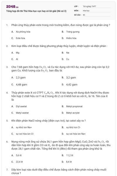 Tổng hợp đề thi Thử Hóa học cực hay có lời giải (Đề số 3)