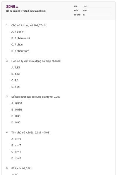 Đề thi cuối kì 1 Toán 5 sưu tầm (Đề 3)