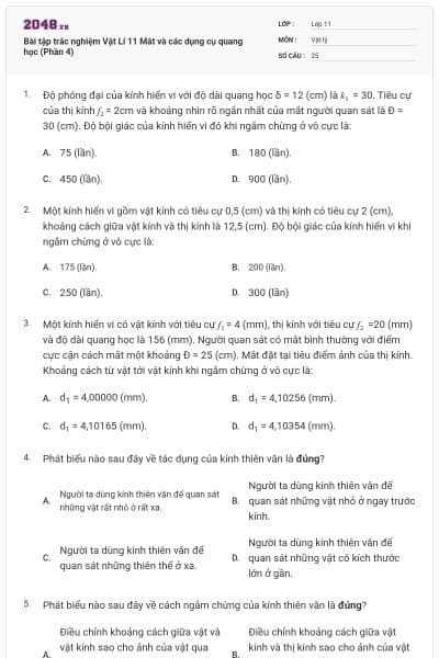 Bài tập trắc nghiệm Vật Lí 11 Mắt và các dụng cụ quang học (Phần 4)
