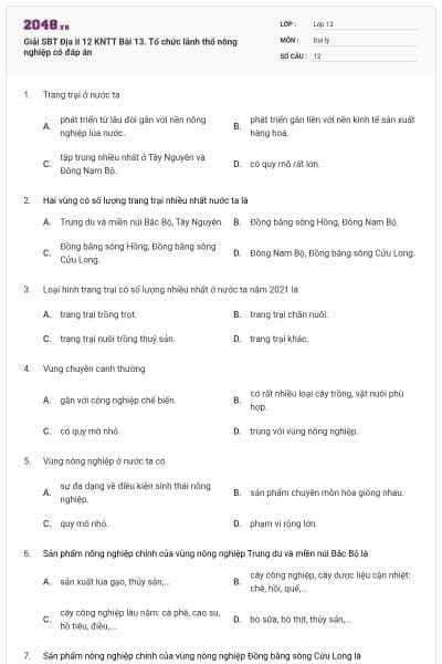 Giải SBT Địa lí 12 KNTT Bài 13. Tổ chức lãnh thổ nông nghiệp có đáp án