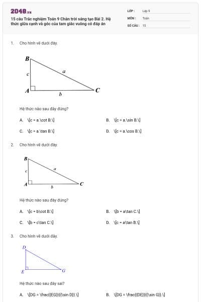 15 câu Trắc nghiệm Toán 9 Chân trời sáng tạo Bài 2. Hệ thức giữa cạnh và góc của tam giác vuông có đáp án